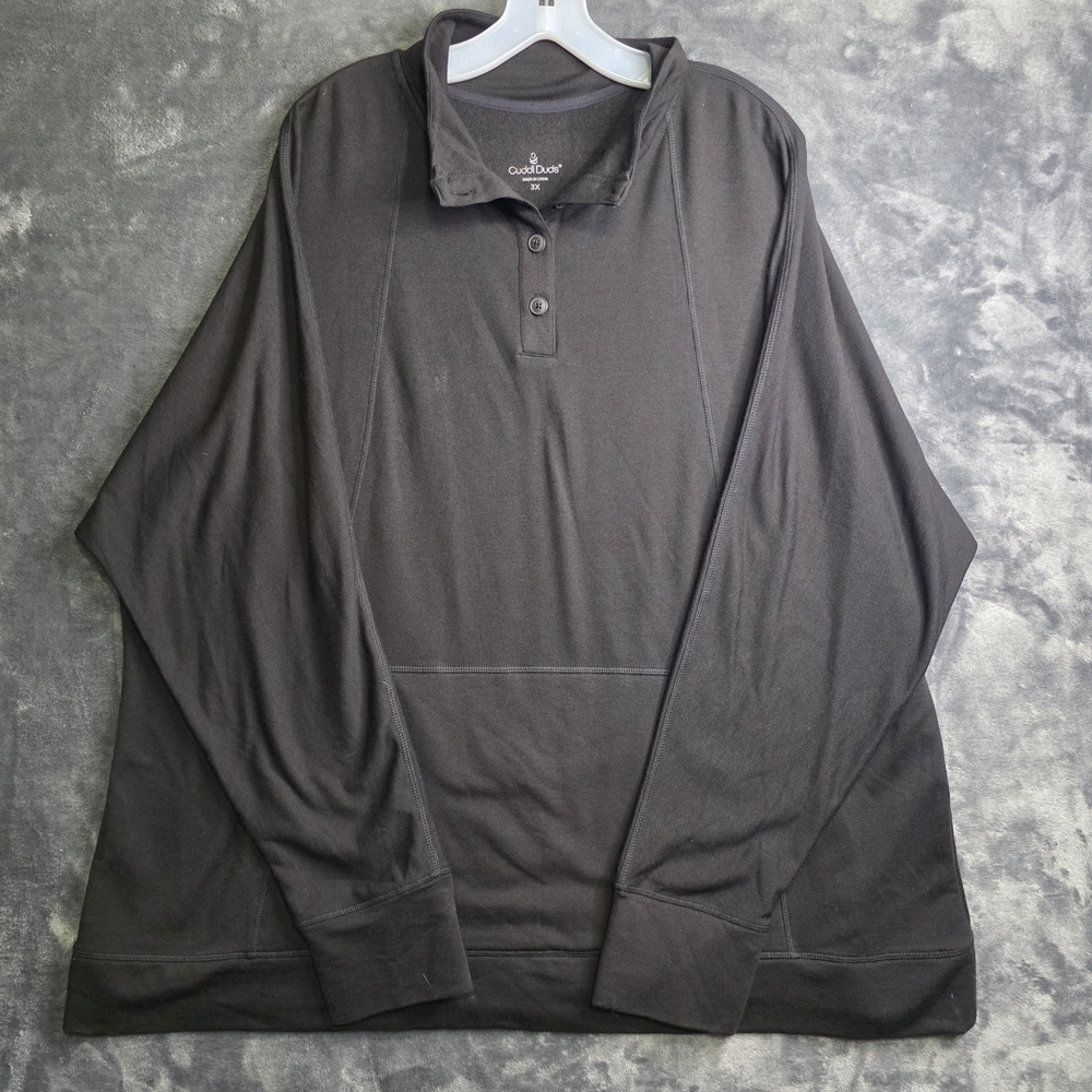 Cuddl Duds Sweatshirt Mens Black Henley Cloud Fleece Pockets Sweater